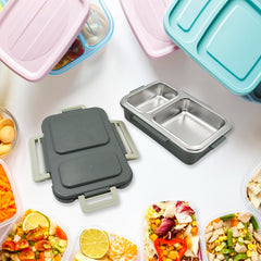 Miracle Quick Lock Leak Proof 2 Compartment Stainless Steel LUNCH BOX Inner Plate Reusable Microwave Freezer Safe Lunch Box Trendy Thermal Insulation Leak Proof for Office Vacuum Tiffin Box for Boys / Girls / School / Office Women and Men 