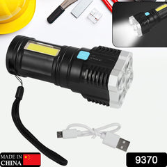 9370 Multifunctional Strong 4 Led Torch Light Portable Rechargeable Flashlight Long Distance Beam Range 800 Lumens Cob Light 4 Mode Emergency For Hiking Walking Camping (4 Led Torch)