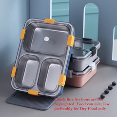 3 Compartment Transparent Stainless Steel Lunch Box With A Spoon And A Pair Of Chopsticks (1 Set)