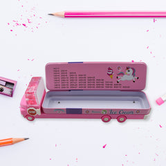 4568  Double Decker Magic Ice Cream Truck Compass Multi Level Metal Truck Compass Pencil Case With Movable Wheels  Sharpener