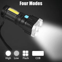 9370 Multifunctional Strong 4 Led Torch Light Portable Rechargeable Flashlight Long Distance Beam Range 800 Lumens Cob Light 4 Mode Emergency For Hiking Walking Camping (4 Led Torch)