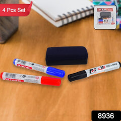 Whiteboard Marker Set (Blue Black Red) With Board Duster - Pack Of 4