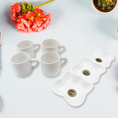 Triple Mazza Ceramic Tea  Cups Set Including 3 Compartment Plastic Serving Platter (4 Pcs Set)