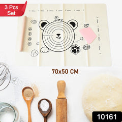 3 In 1 Low Silicone Baking Mat With Wooden Belan & Cake Scraper (3 Pcs Set / 70×50 CM)